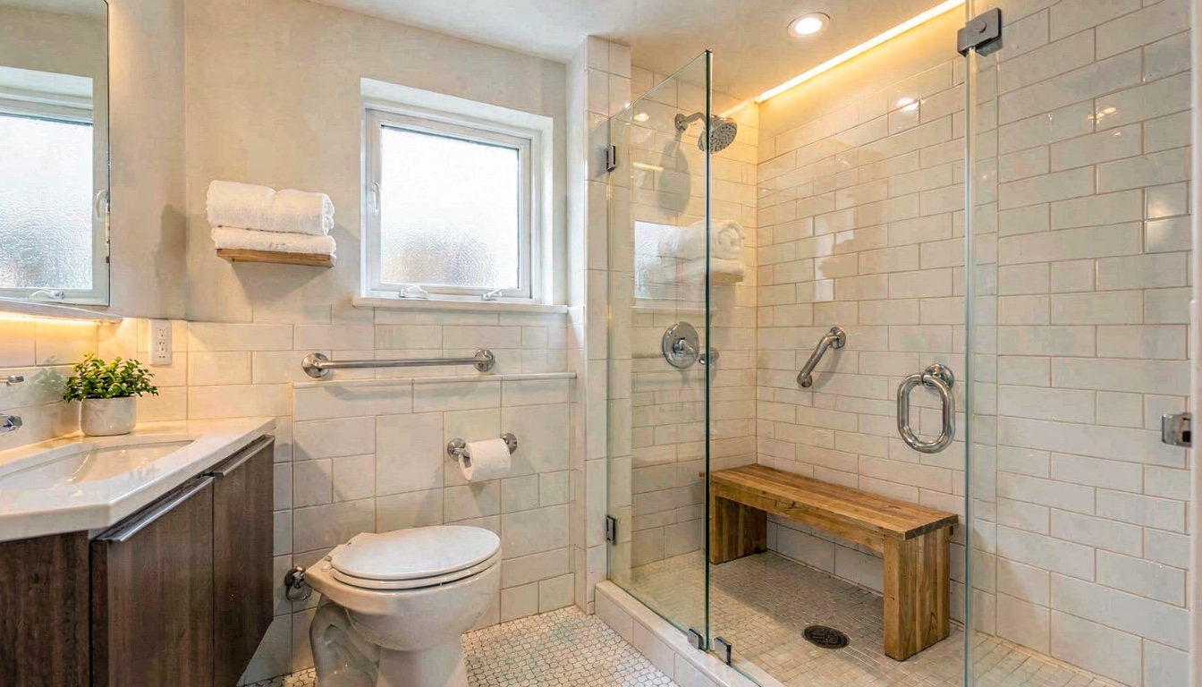 A safe, modern bathroom with grab bars and a teak shower bench